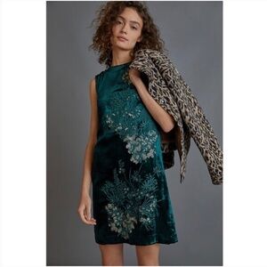 Anthropologie Celine embroidered green velvet shift dress